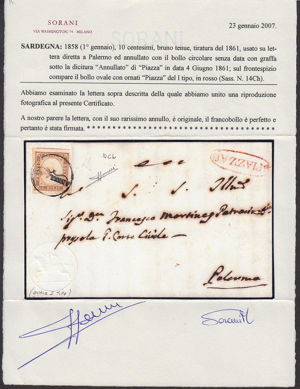 SARD128 - 1861 - Lettera spedita da Piazza per Palermo 4/6/61 affrancata con c. 10 bruno tenue I tavola usato con l'ovale borbonico rosso con fregi del I tipo (14Ch, p.ti R1)