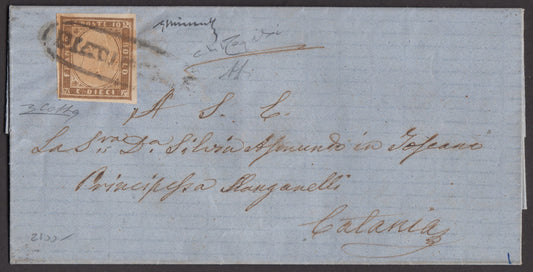 SARD129 - 1861 - Letter sent from PIedimonte to Catania franked with c. 10 pale brown I panel used with the Bourbon oval without friezes (14Ch, points 13) 