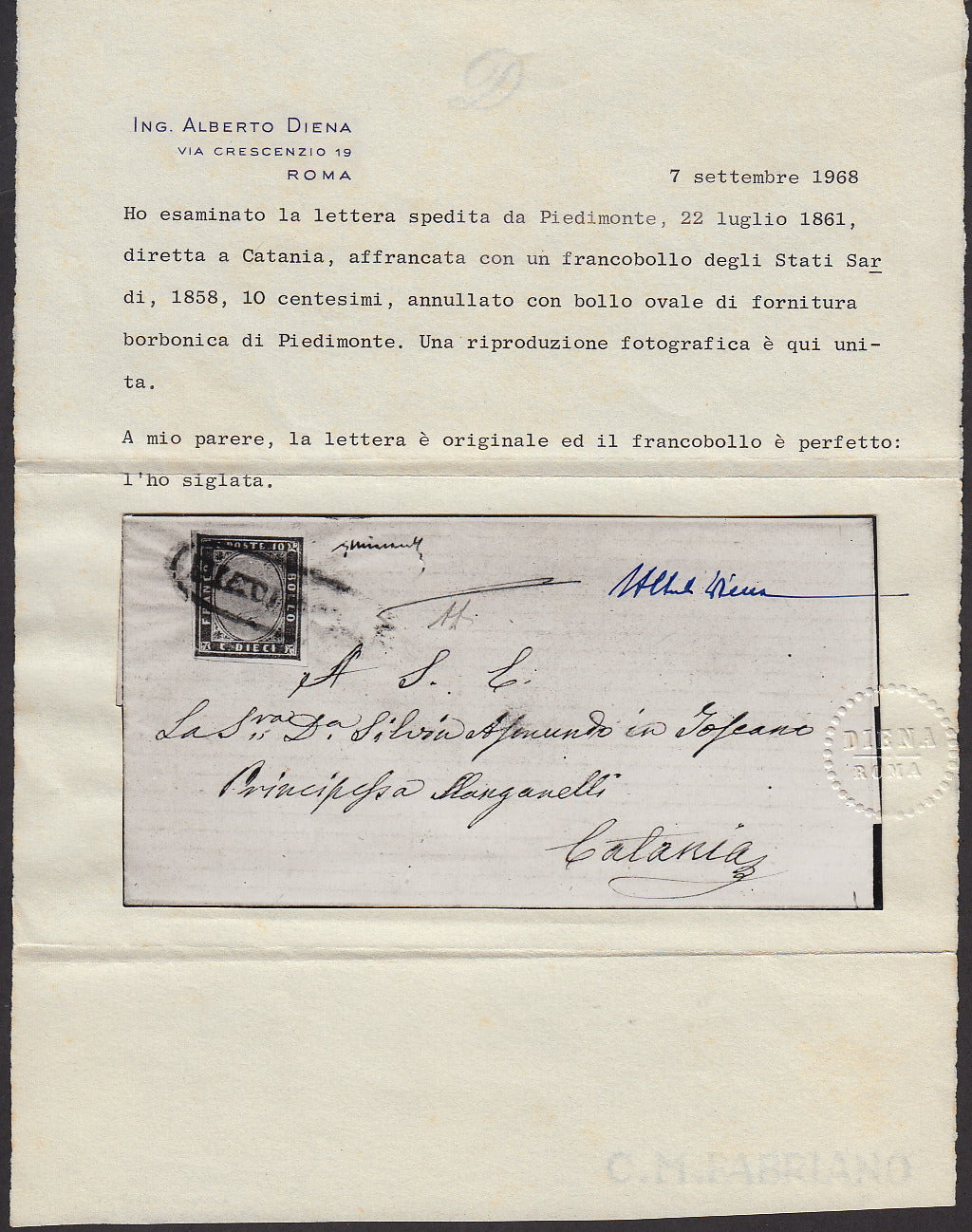 SARD129 - 1861 - Lettera spedita da PIedimonte per Catania affrancata con c. 10 bruno tenue I tavola usato con l'ovale borbonico senza fregi (14Ch, p.ti 13)