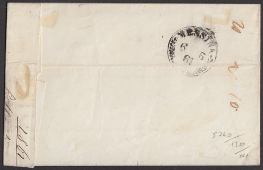 SARD131 - 1861 - Letter lost from Patti to Messina 5/6/61 franked with c. 10 light bistro gray I plate used with the Bourbon oval with friezes (14Cc, points 12) 