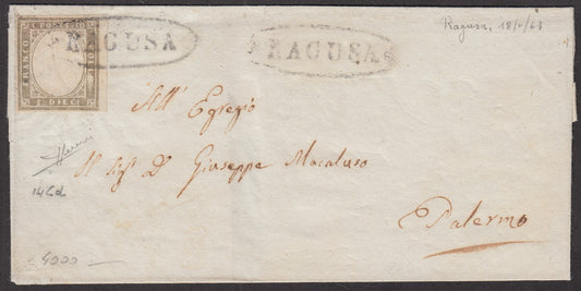 SARD132 - 1861 - Letter sent from Ragusa to Palermo 18/5/61 franked with c. 10 gray I plate used with the Bourbon oval with friezes (14Cd, points R1) 