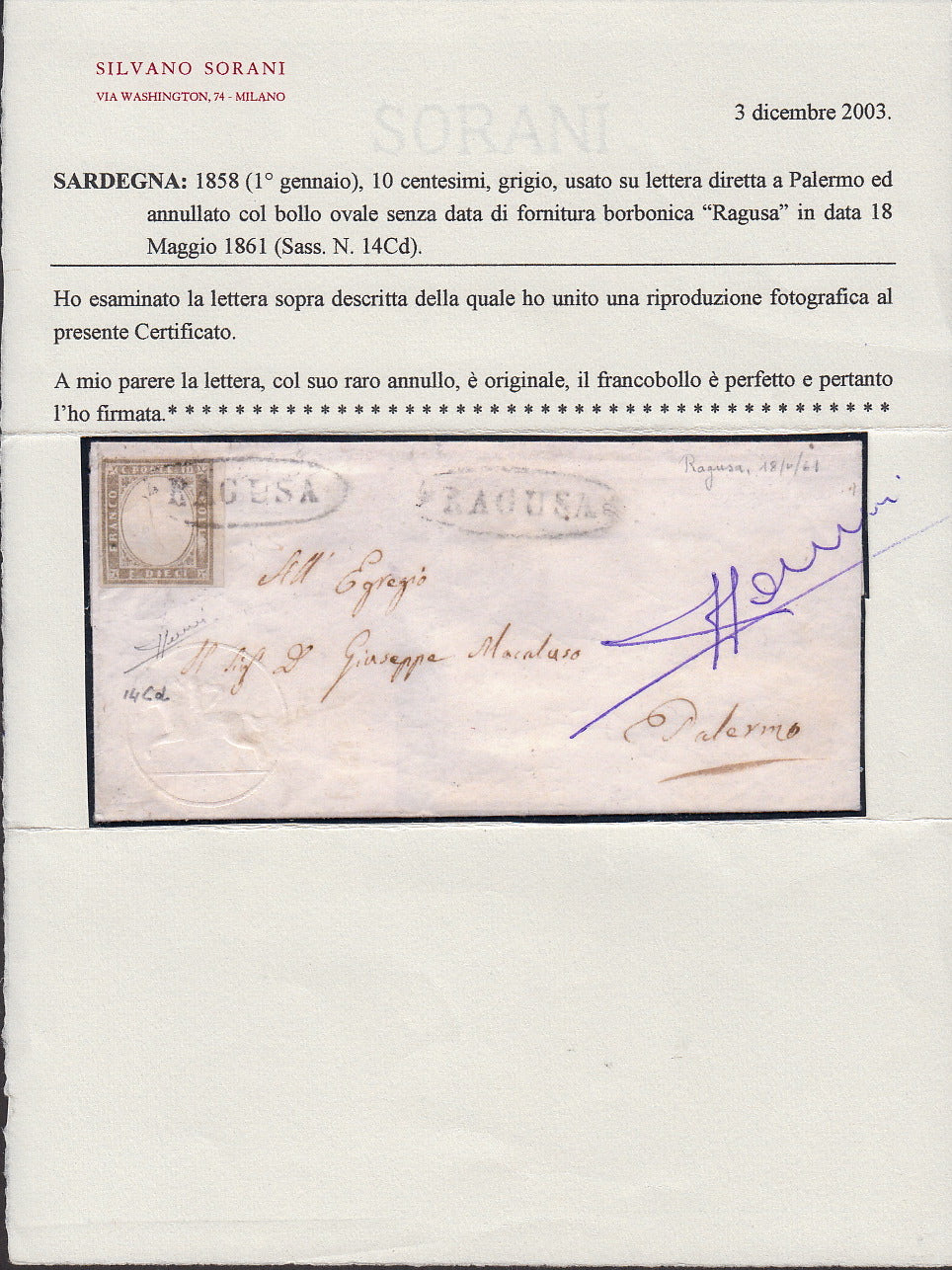 SARD132 - 1861 - Lettera spedita da Ragusa per Palermo 18/5/61 affrancata con c. 10 grigio  I tavola usato con l'ovale borbonico con i fregi (14Cd, p.ti R1)