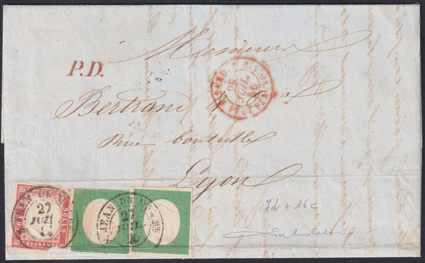 SardSP344 - 1856 - Lettera spedita da St. jean de Maurice per Lione 27/7/56 affrancata con III emissione c. 5 verde scuro x 2 + IV emissione c. 40 vermiglio rosa (7d + 16c).