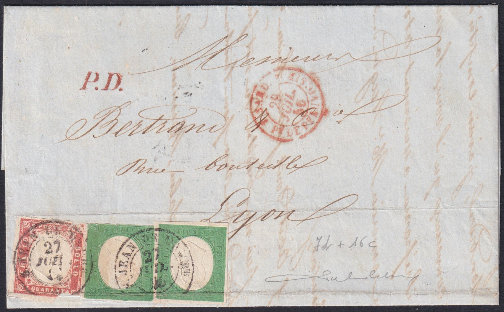 SardSP344 - 1856 - Lettera spedita da St. jean de Maurice per Lione 27/7/56 affrancata con III emissione c. 5 verde scuro x 2 + IV emissione c. 40 vermiglio rosa (7d + 16c).