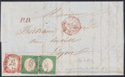 SardSP344 - 1856 - Lettera spedita da St. jean de Maurice per Lione 27/7/56 affrancata con III emissione c. 5 verde scuro x 2 + IV emissione c. 40 vermiglio rosa (7d + 16c).