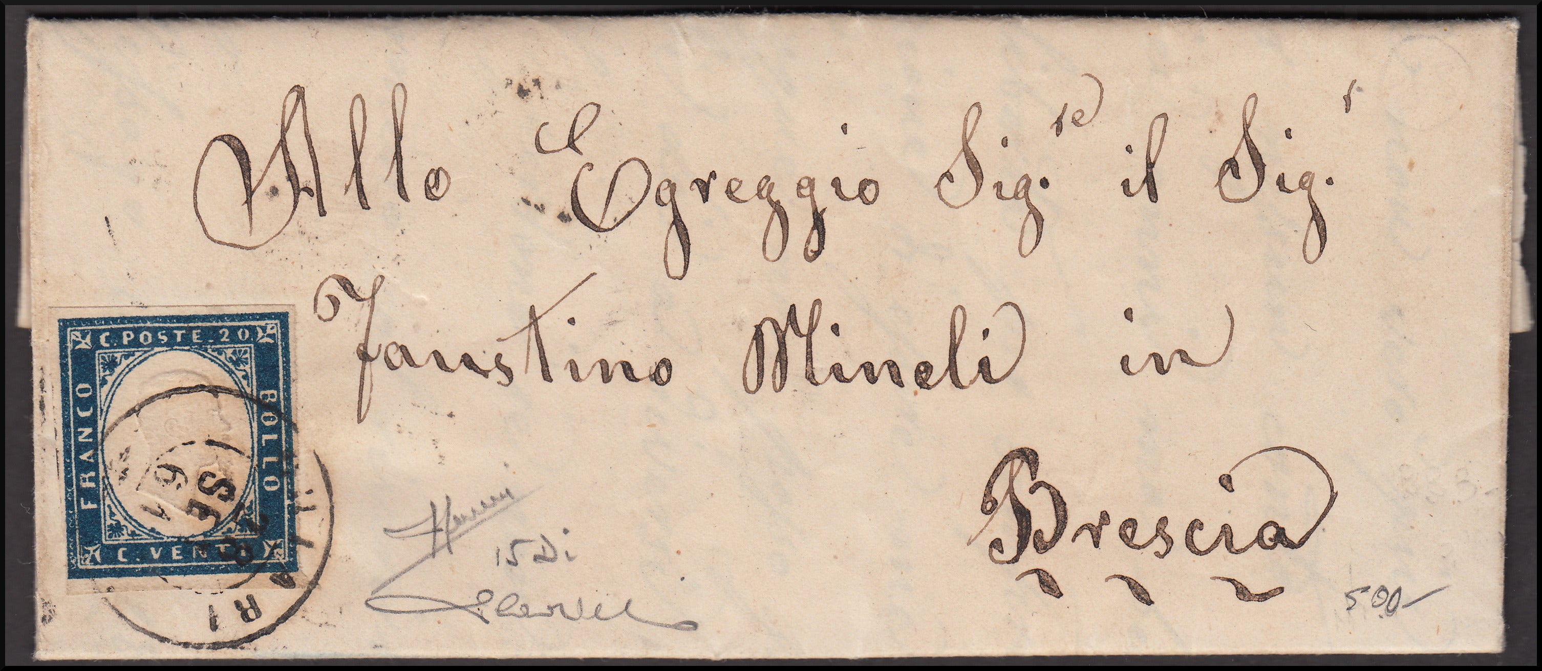 40 - 1861 - Letter sent from Chiari to Brescia 28/9/61 franked with c. 20 dark ultramarine cobalt II plate (15Di) 