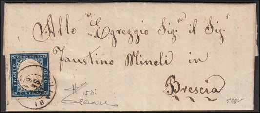 40 - 1861 - Lettera spedita da Chiari per Brescia 28/9/61 affrancata con c. 20 cobalto oltremare scuro II tavola (15Di)