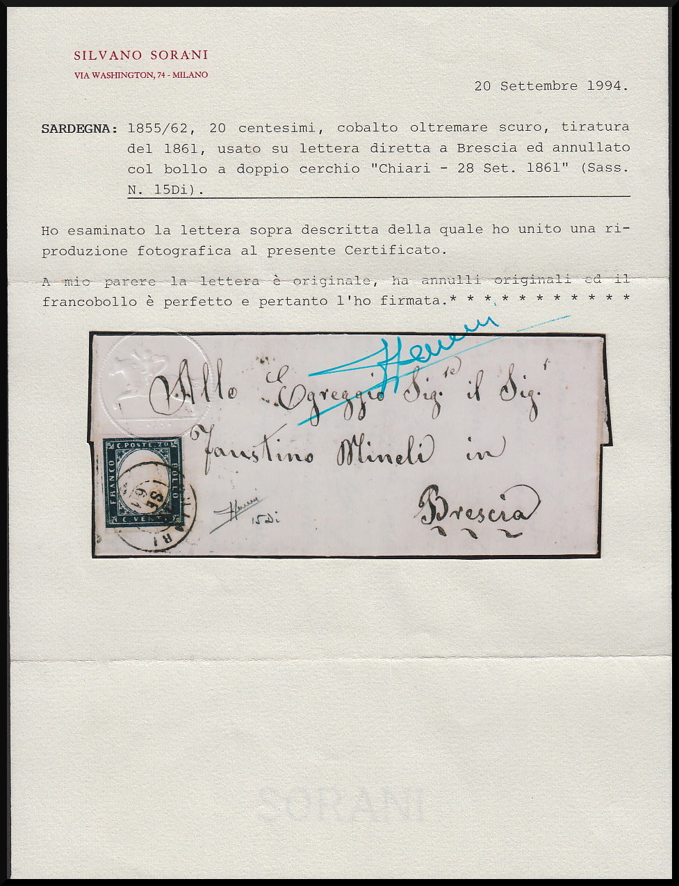 40 - 1861 - Lettera spedita da Chiari per Brescia 28/9/61 affrancata con c. 20 cobalto oltremare scuro II tavola (15Di)