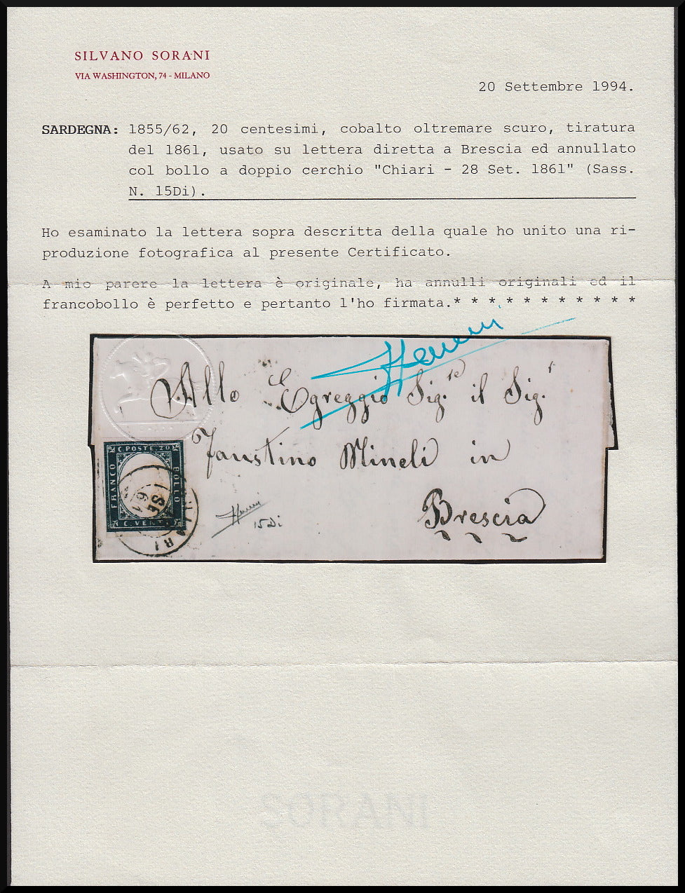 40 - 1861 - Letter sent from Chiari to Brescia 28/9/61 franked with c. 20 dark ultramarine cobalt II plate (15Di) 