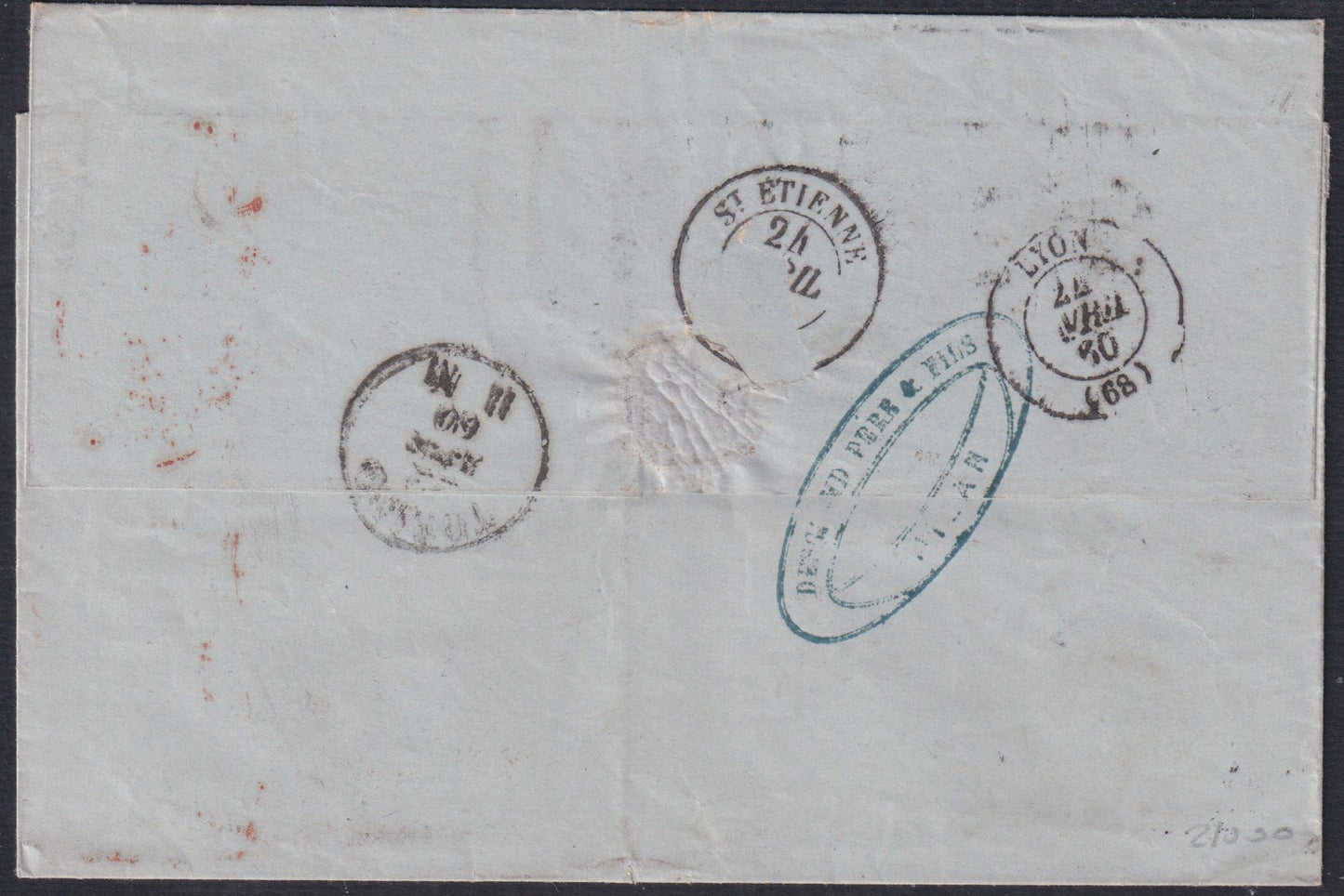 SARDSP331 -1860 - Lettera spedita da Milano per St. Etienne 21/4/69 con affrancatura quadricolore (14Ae + 15Ca + 16Ba + 17c)