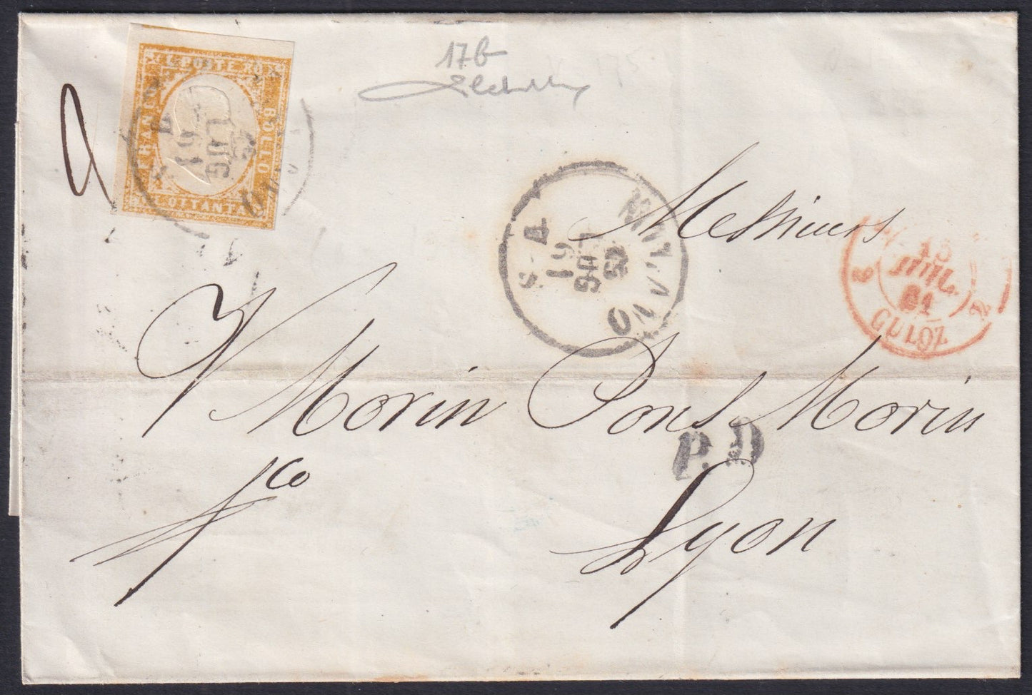 SARDSP332 -1861 - Lettera spedita da Mialno per Lione affrancata con c. 80 ocra arancio tiratura 1858 isolato (17b)