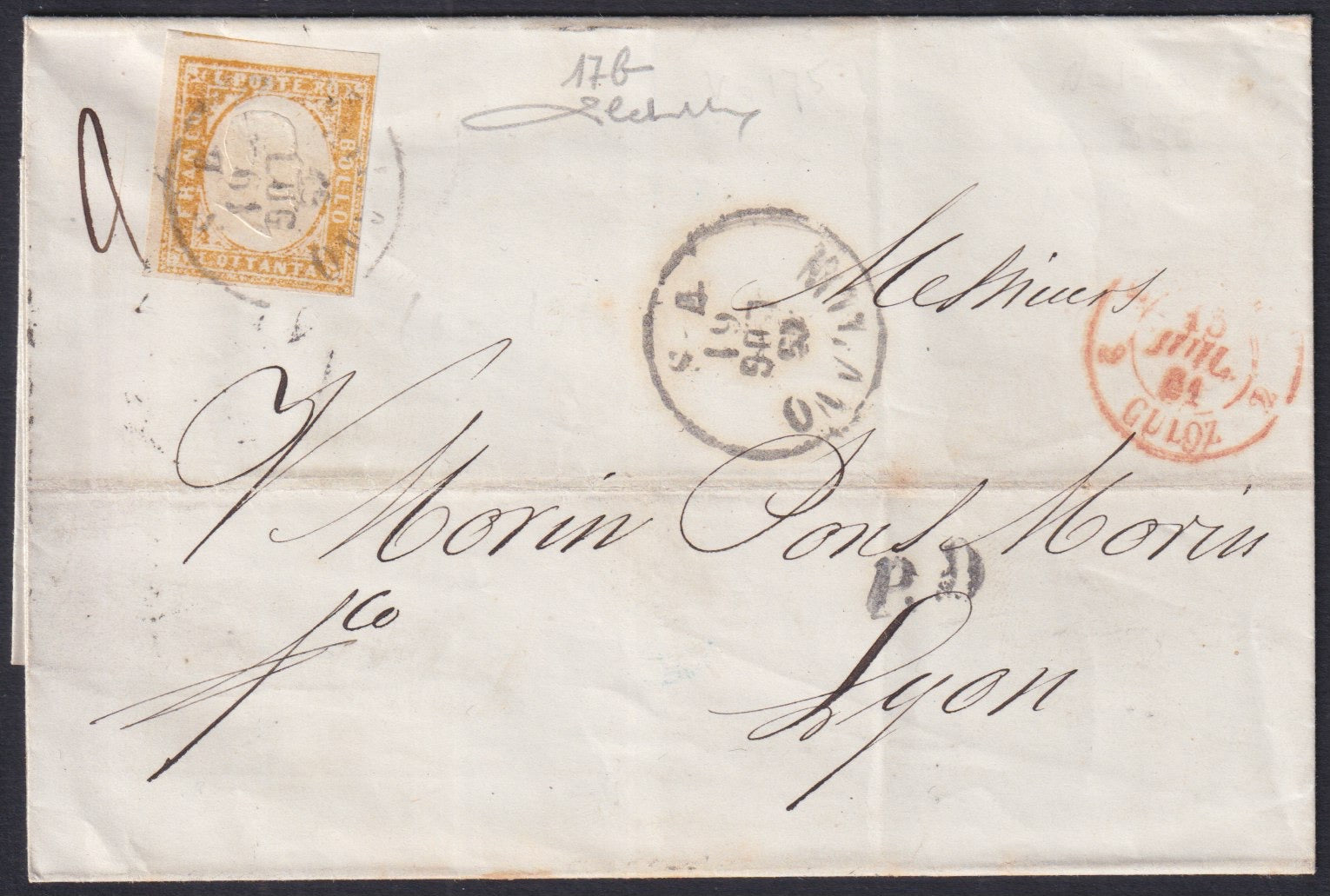 SARDSP332 -1861 - Lettera spedita da Mialno per Lione affrancata con c. 80 ocra arancio tiratura 1858 isolato (17b)