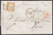 SARDSP332 -1861 - Lettera spedita da Mialno per Lione affrancata con c. 80 ocra arancio tiratura 1858 isolato (17b)