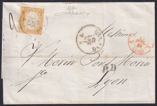 SARDSP332 -1861 - Lettera spedita da Mialno per Lione affrancata con c. 80 ocra arancio tiratura 1858 isolato (17b)