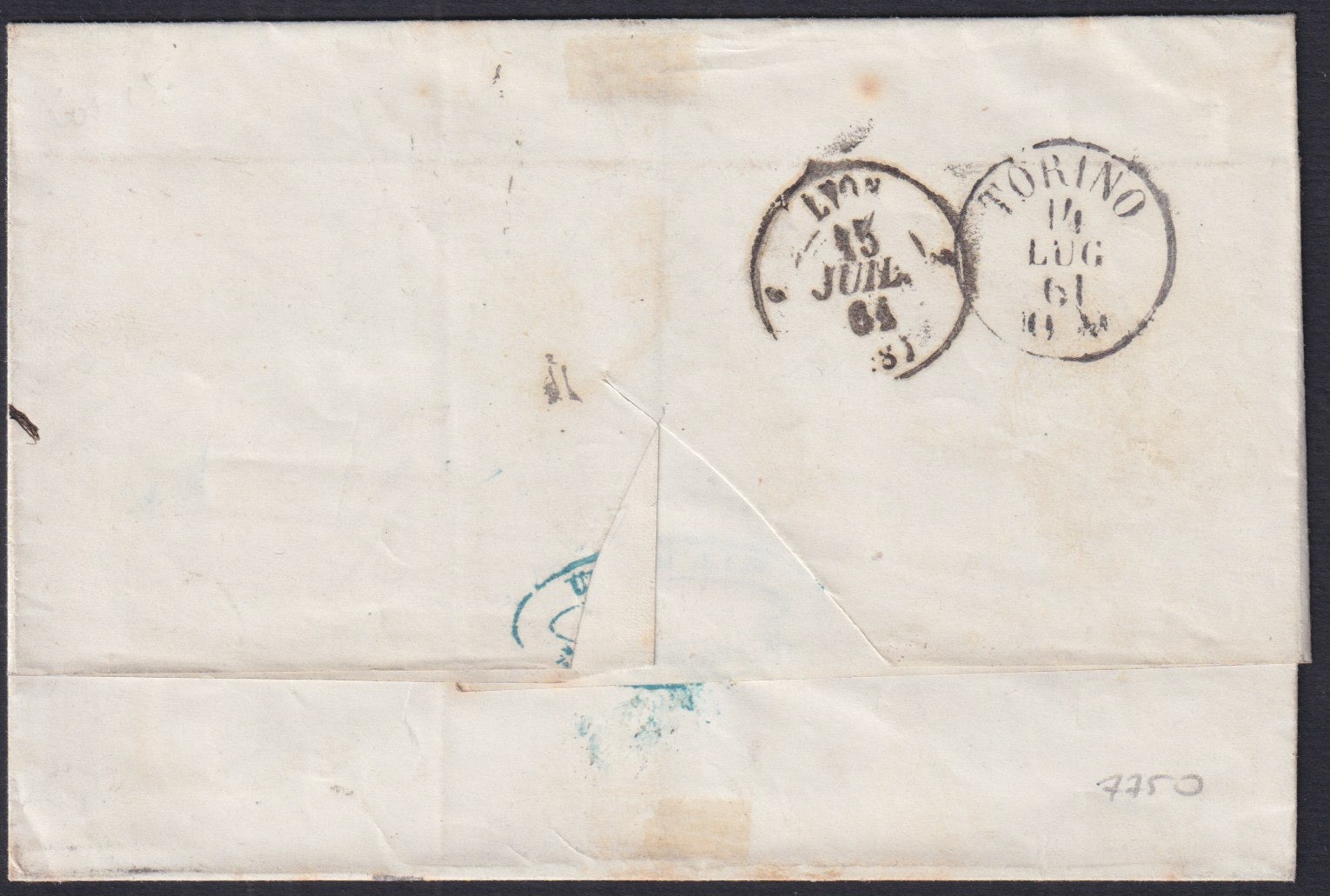 SARDSP332 -1861 - Lettera spedita da Mialno per Lione affrancata con c. 80 ocra arancio tiratura 1858 isolato (17b)