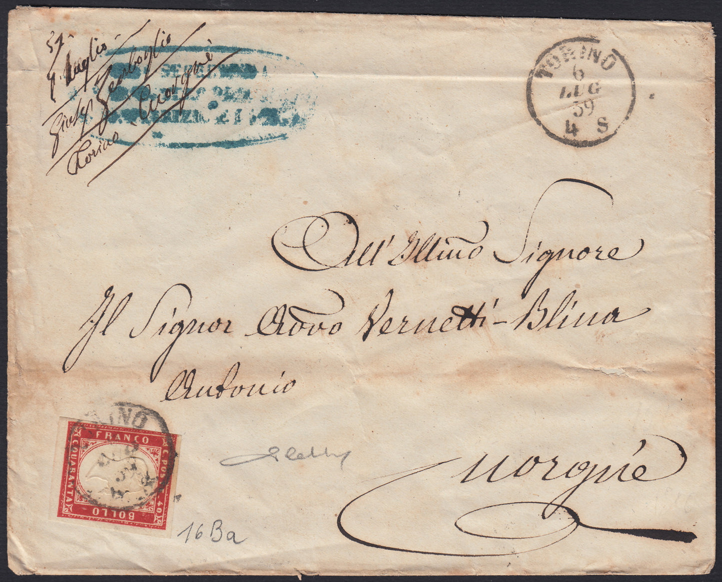 155 - 1859 - IV issue, Letter sent from Turin to Cuorgnè 6/7/59 franked with c. 40 vermilion brick edition 1859 (16Ba)