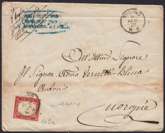 155 - 1859 - IV emissione, Lettera spedita da Torino per Cuorgnè 6/7/59 affrancata con c. 40 vermiglio mattone tiratura 1859 (16Ba)
