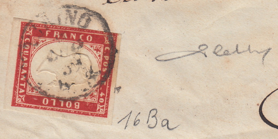 155 - 1859 - IV issue, Letter sent from Turin to Cuorgnè 6/7/59 franked with c. 40 vermilion brick edition 1859 (16Ba)
