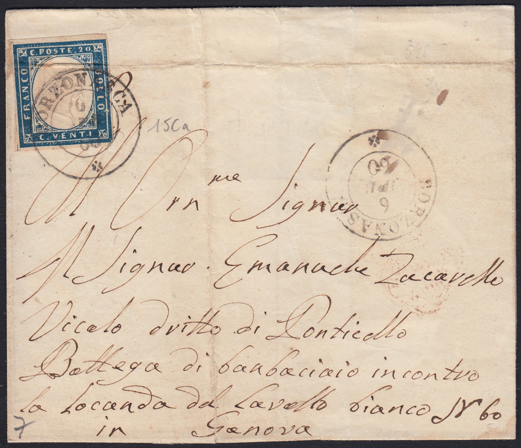 SARDSP160 - 1860 - Lettera spedita da Borzonasca per Genova 6/4/60 affrancata con c. 20 azzurro (15Ca)