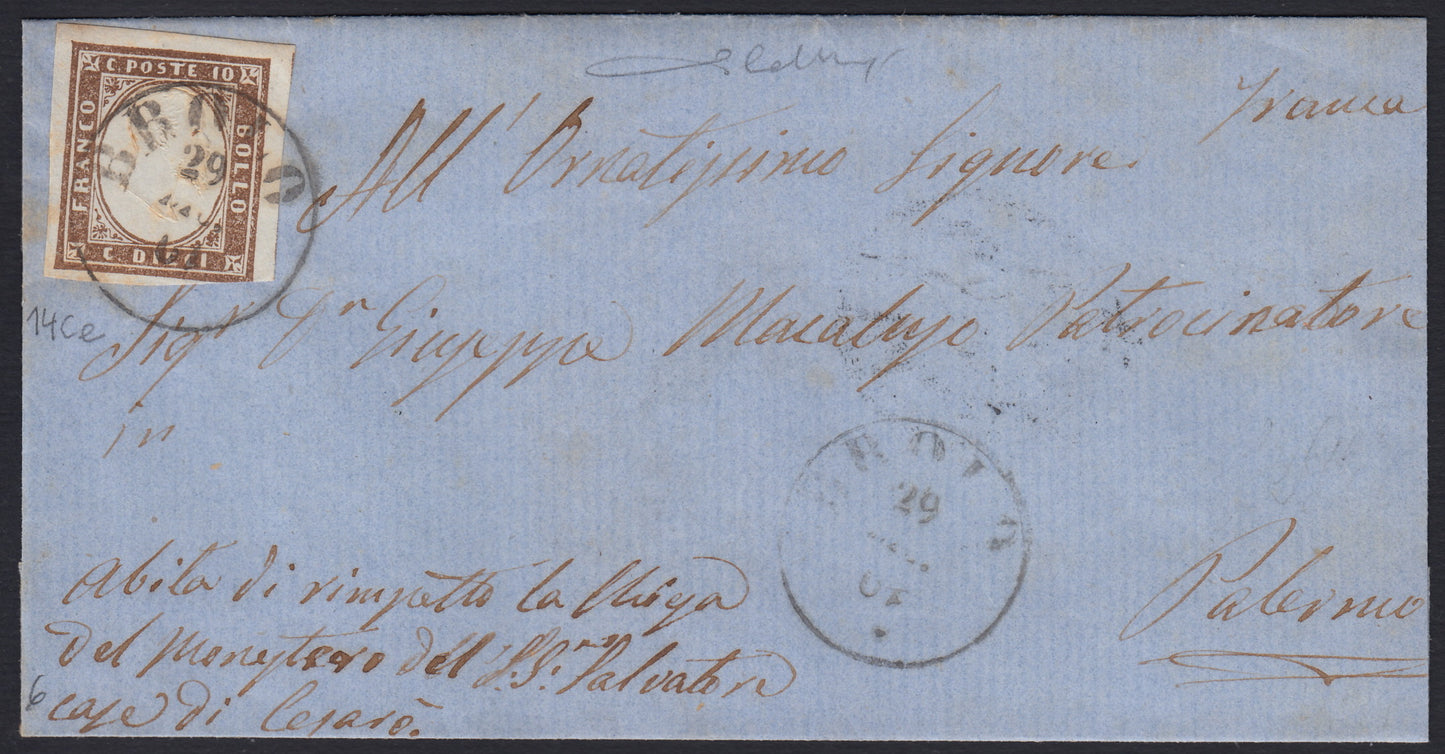 163 - 1861 - Carta enviada por Brolo a Palermo el 29/8/61 franqueada con c. 10 mesa marrón chocolate oscuro I, color raro (14Ce). 