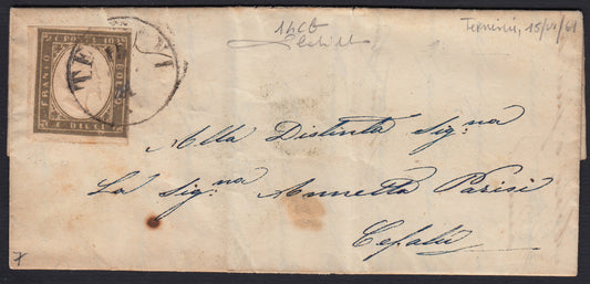 164 - 1861 - Carta enviada desde Termini a Cefalú el 15/6/61 franqueada con c. 10 plato I oliva gris muy oscuro, color raro (14Cb). 