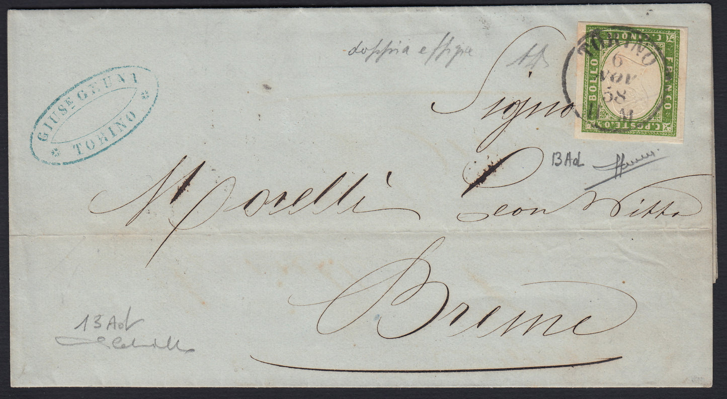 167 - 1858 - IV número, Carta enviada desde Turín a Breme el 11/06/58 franqueada con c. 5 verde amarillo I composición edición 1857 en uso aislado (13Ad).o