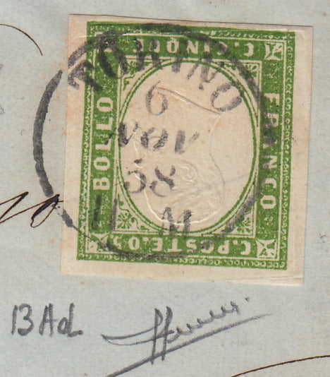 167 - 1858 - IV emissione, Lettera spedita da Torino per Breme 6/11/58 affrancata con c. 5 verde giallo I composizione tiratura 1857 in uso isolato (13Ad).o