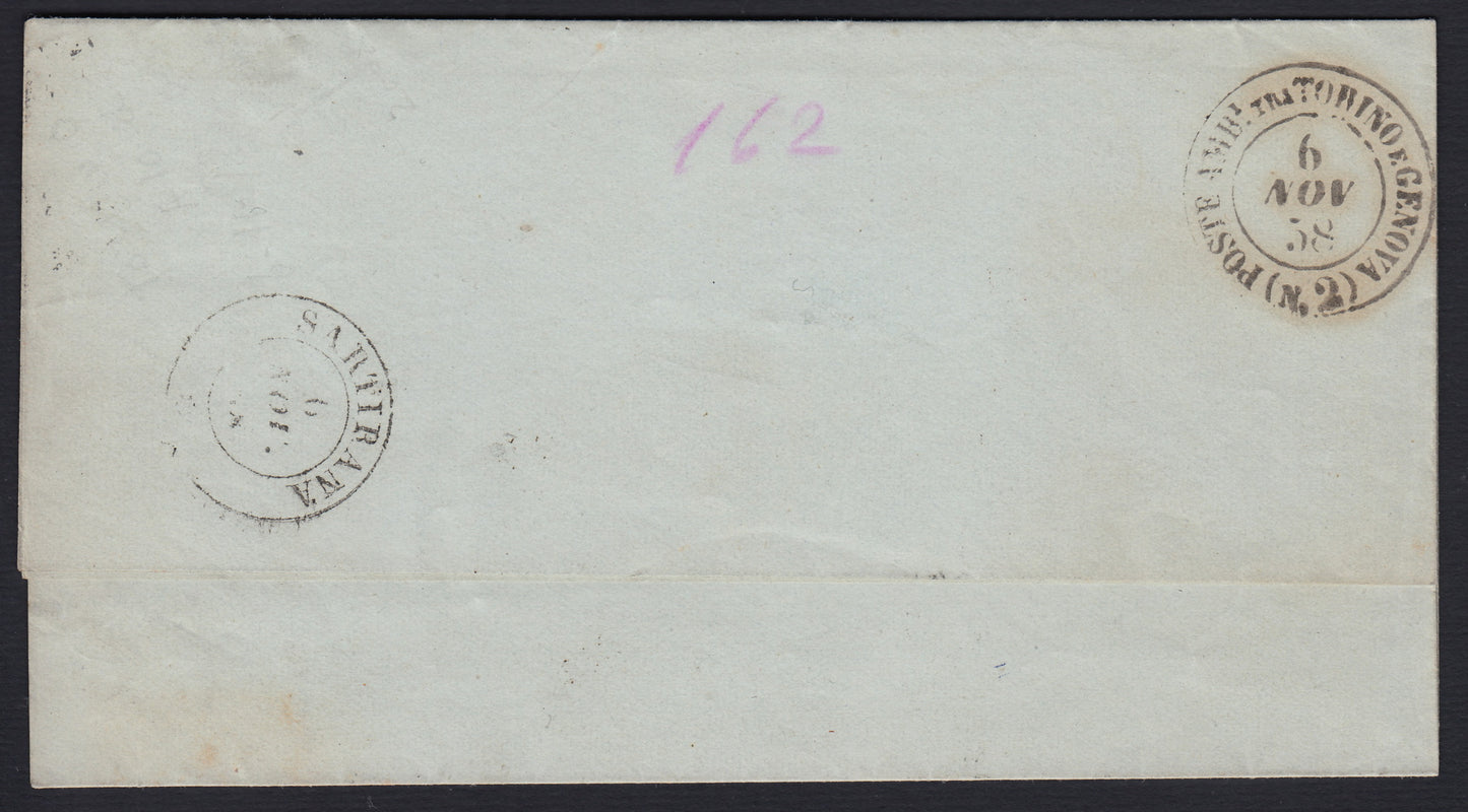 167 - 1858 - IV emissione, Lettera spedita da Torino per Breme 6/11/58 affrancata con c. 5 verde giallo I composizione tiratura 1857 in uso isolato (13Ad).o
