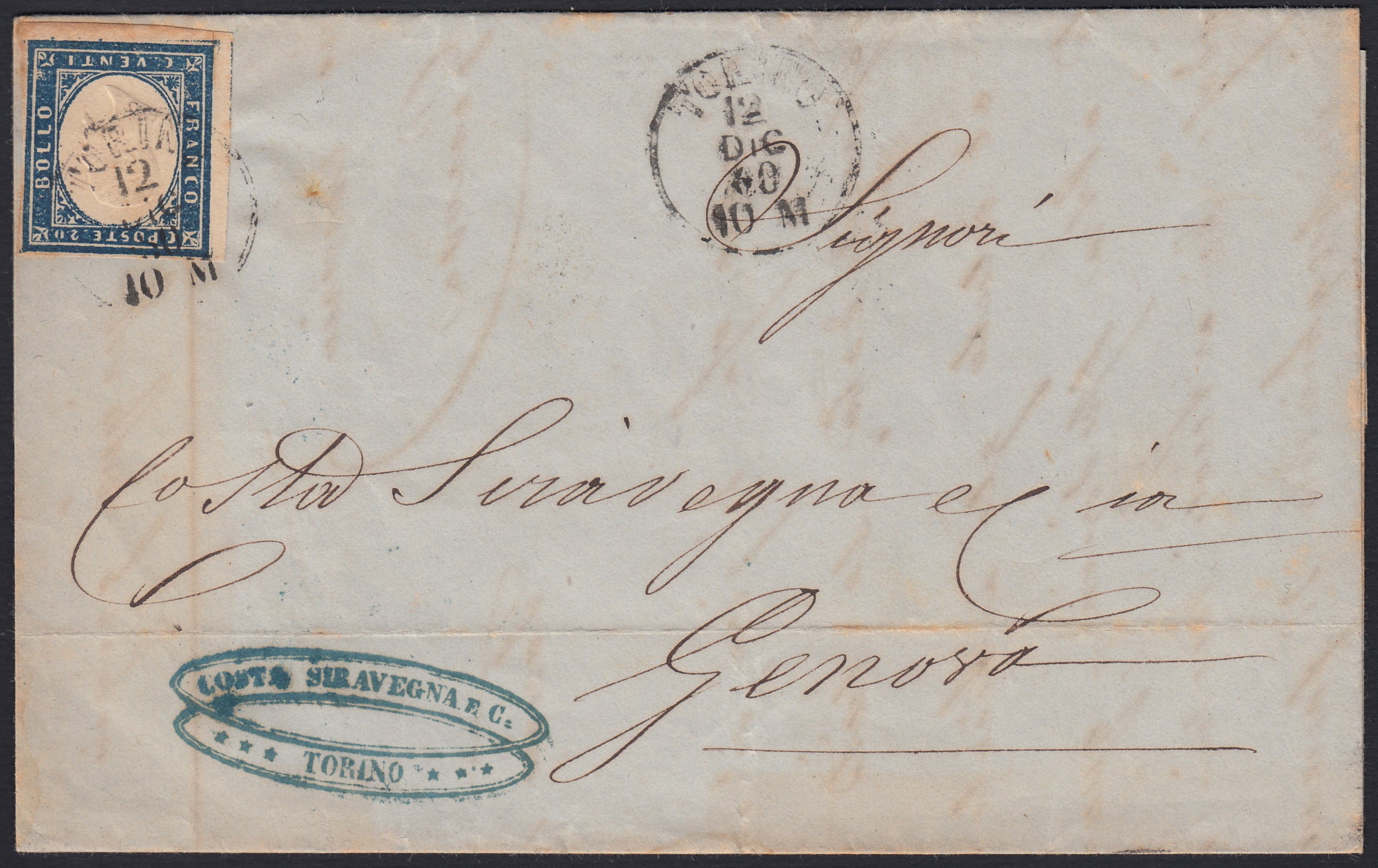 SARDSP168 - 1860 - Lettera spedita da Torino per Genova 12/12/60 affrancata conc. 20 cobalto grigiastro I tavola (15Cb)