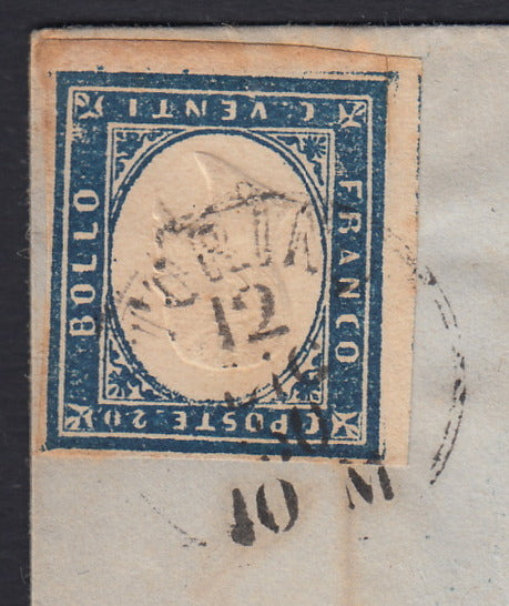 SARDSP168 - 1860 - Lettera spedita da Torino per Genova 12/12/60 affrancata conc. 20 cobalto grigiastro I tavola (15Cb)