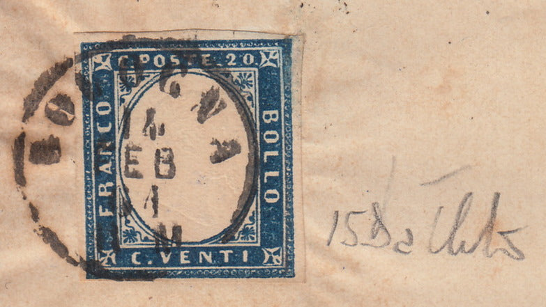 SARDSP170 - 1861 - Lettera spedita da Bologna per Ferrara 14/2/661 affrancata con c. 20 celeste iI tavola (15Da)