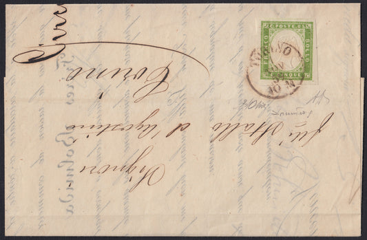 SardSP174 - 1859 - Lettera spedita da Torino per città 7/11/59, affrancata con c. 5 verde giallo brillante II composizione tiratura 1859 isolato, raro e molto bello. (13B).