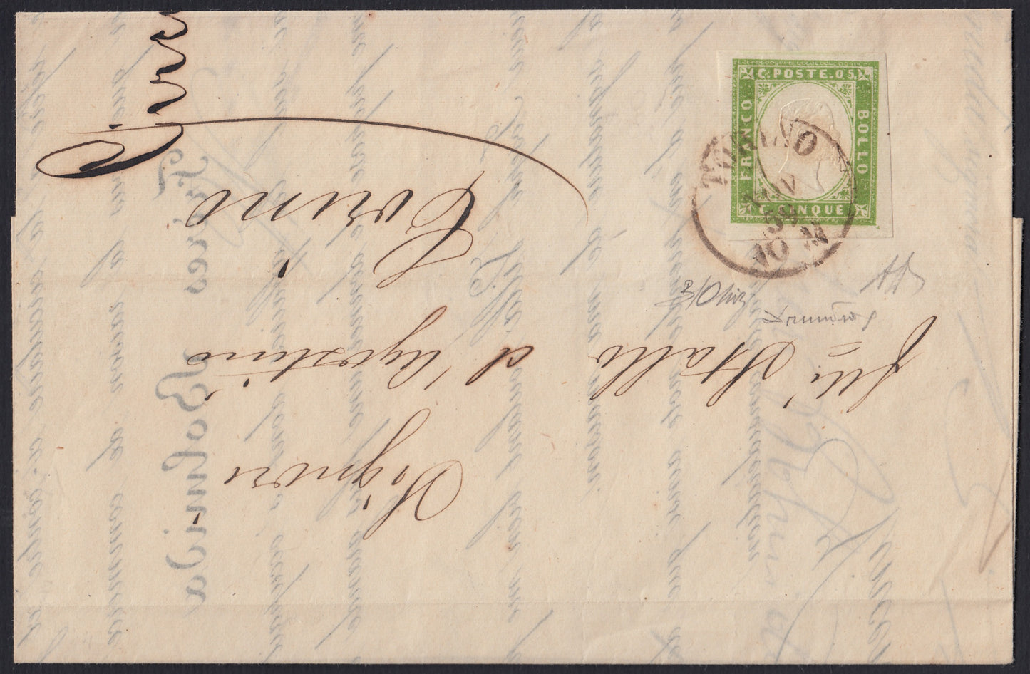 174 - 1859 - Lettera spedita da Torino per città 7/11/59, affrancata con c. 5 verde giallo brillante II composizione tiratura 1859 isolato, raro e molto bello. (13B).