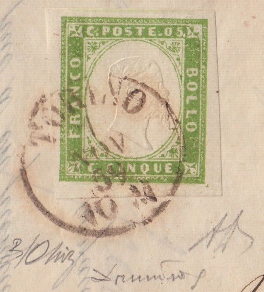 174 - 1859 - Letter sent from Turin to the city 7/11/59, franked with c. 5 bright yellow green II composition edition 1859 isolated, rare and very beautiful. (13B). 