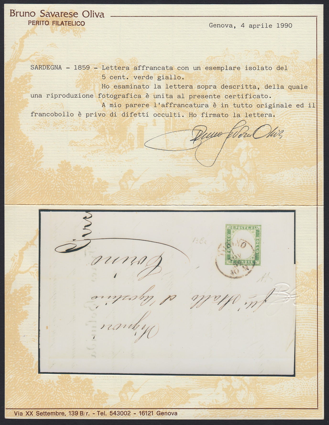 174 - 1859 - Carta enviada desde Turín a la ciudad el 11/7/59, franqueada con c. 5 amarillo brillante verde II composición edición 1859 aislado, raro y muy hermoso. (13B). 