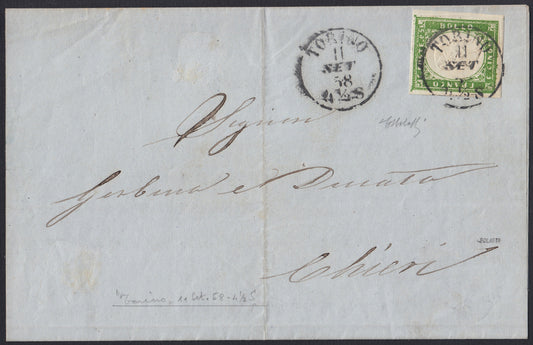 Sardsp175 - 1858 - Circolare a stampa spedita da Torino per Chieri 11/9/58, affrancata con c. 5 verde giallo stampa difettosa I composizione tiratura 1857 isolato, rarissimo e molto bello. (13Ah).