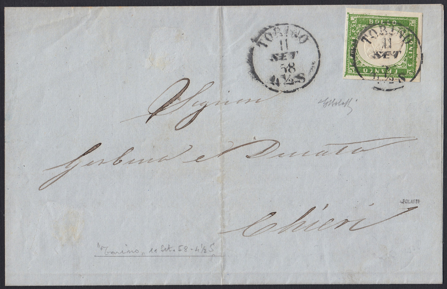 175 - 1858 - Printed circular sent from Turin to Chieri 11/9/58, franked with c. 5 green yellow defective print I composition edition 1857 isolated, very rare and very beautiful. (13Ah).