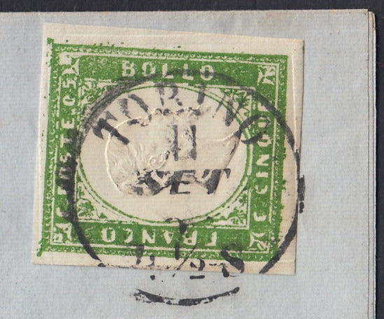 175 - 1858 - Printed circular sent from Turin to Chieri 11/9/58, franked with c. 5 green yellow defective print I composition edition 1857 isolated, very rare and very beautiful. (13Ah).