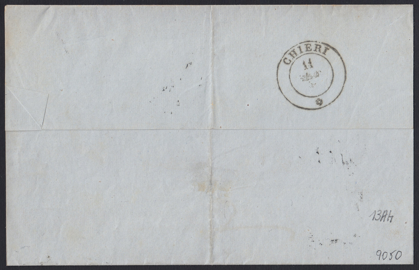 175 - 1858 - Circular impresa enviada desde Turín a Chieri el 9/11/58, franqueada con c. 5 verde amarillo impresión defectuosa I composición edición 1857 aislada, muy rara y muy bella. (13Ah).