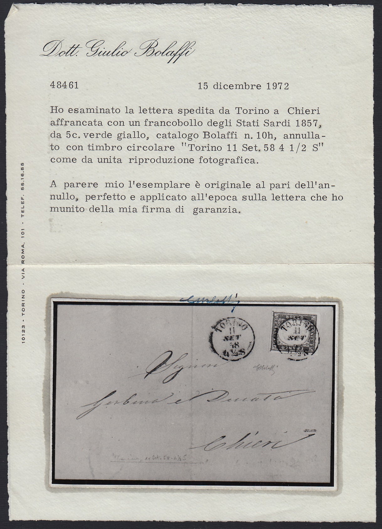 Sardsp175 - 1858 - Printed circular sent from Turin to Chieri 11/9/58, franked with c. 5 yellow-green defective printing I composition print run 1857 single, very rare and very attractive. (13Ah).