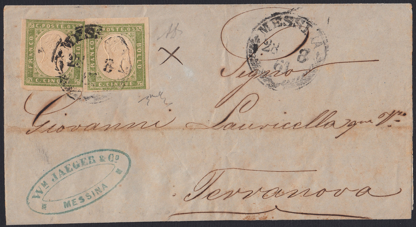 176 - 1861 - Lettera spedita da Messina per Terranova 28/8/61 affrancata con c. 5 verde oliva chiaro IV composizione tiratura 1861 due esemplari. (13Ca.