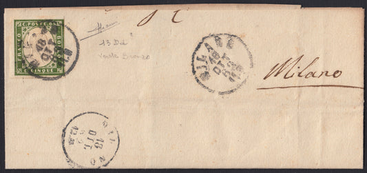 177 - 1862 - Gran parte di lettera spedita da Milano per città, affrancata con c. 5 verde bronzo IV composizione tiratura 1862 isolato, raro e molto bello. (13Dd).