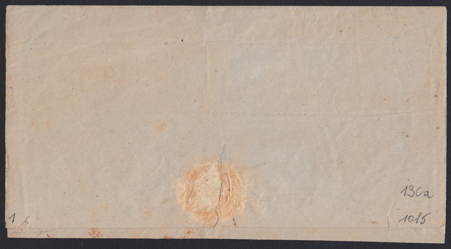 176 - 1861 - Carta enviada desde Messina a Terranova el 28/8/61 franqueada con c. 5 verde oliva claro IV composición edición 1861, dos ejemplares. (13Cá.