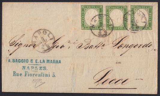 178 - 1863 - Lettera spedita da Napoli per Lecce 5/6/63 affrancata con tre esemplari del c. 5 verde giallastro chiaro IV composizione tiratura 1862 (13Db).