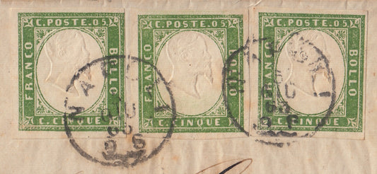 178 - 1863 - Lettera spedita da Napoli per Lecce 5/6/63 affrancata con tre esemplari del c. 5 verde giallastro chiaro IV composizione tiratura 1862 (13Db).