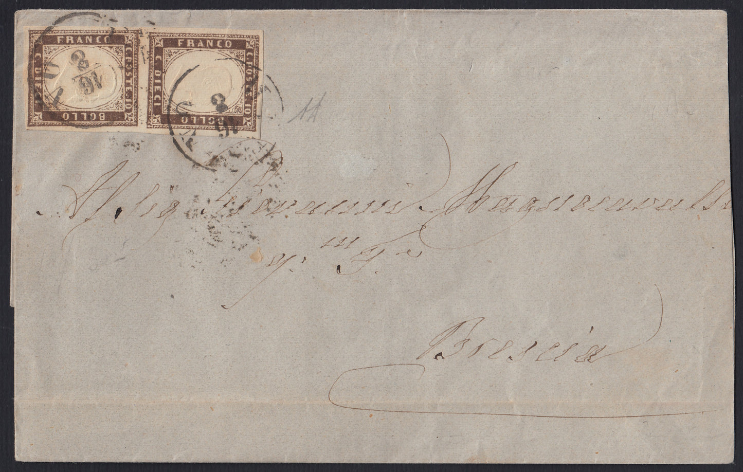 179 - 1859 - Lettera spedita da Milano per Brescia 16/8/59 affrancata con c. 10 bruno grigiastro I tavola coppia verticale. (14A).