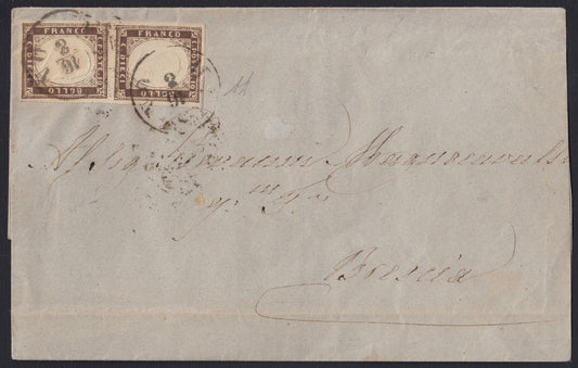 179 - 1859 - Lettera spedita da Milano per Brescia 16/8/59 affrancata con c. 10 bruno grigiastro I tavola coppia verticale. (14A).