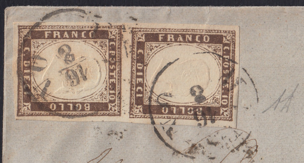 179 - 1859 - Letter sent from Milan to Brescia 8/16/59 franked with c. 10 greyish brown I table vertical pair. (14A).