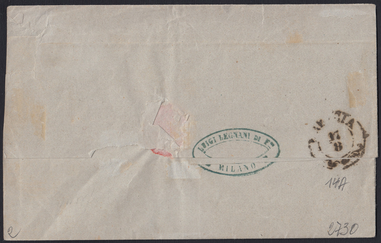 179 - 1859 - Carta enviada desde Milán a Brescia el 16/08/59 franqueada con c. 10 par vertical de mesa marrón grisáceo I. (14A).