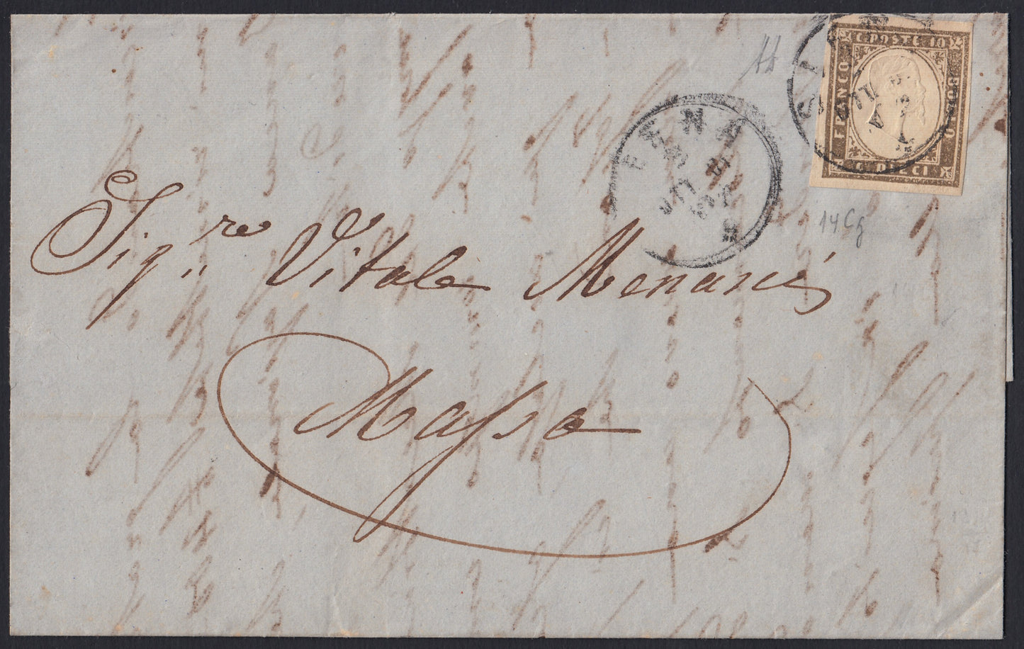 182 - 1861 - Letter sent from Siena to Massa 3/10/61 franked with c. 10 brown olive gray I plate. (14Cg).